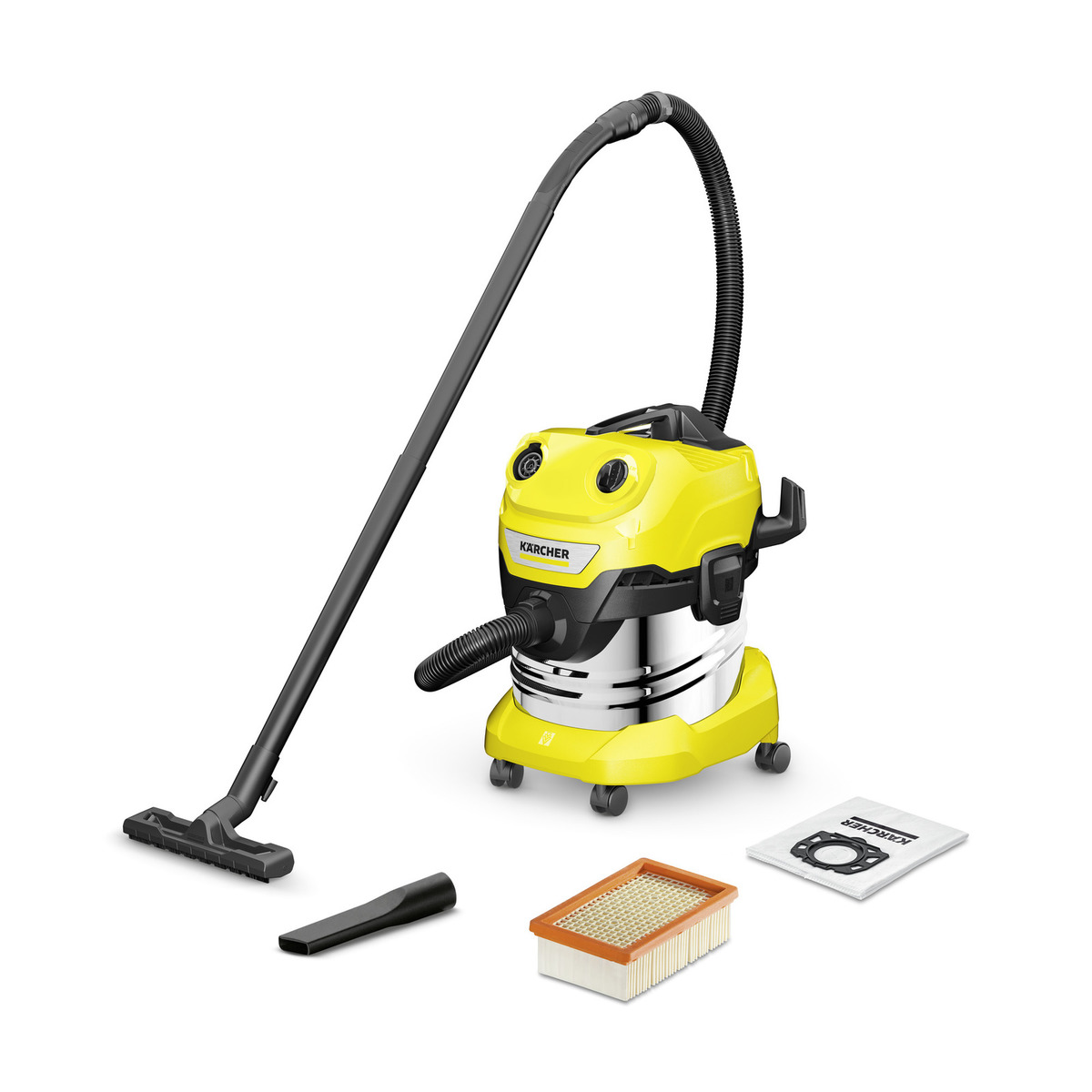Kärcher WD 4 S V-20/5/22 20 L Aspiratore a cilindro Secco e bagnato 1000 W Senza sacchetto Nero, Acciaio inox, Giallo